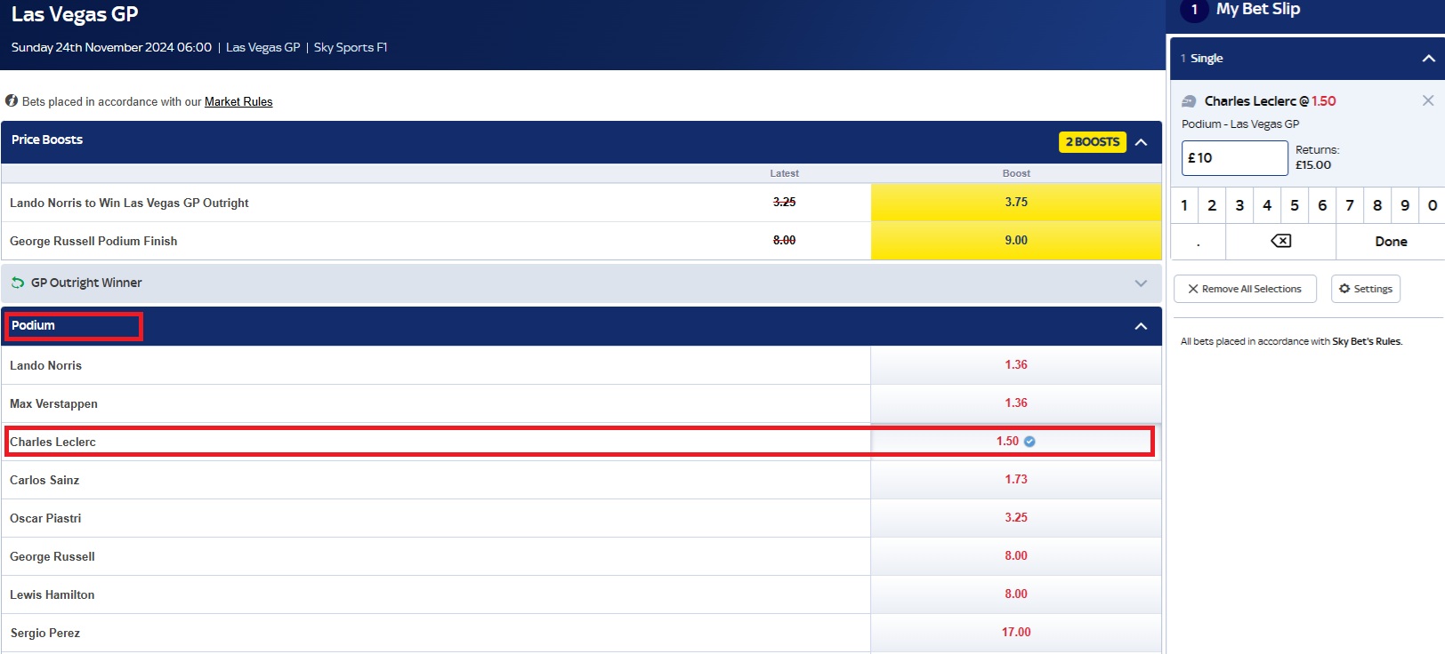 Skybet Las Vegas GP bet page with Charles leclerc added to betslip to finish on the podium & £10 stake entered